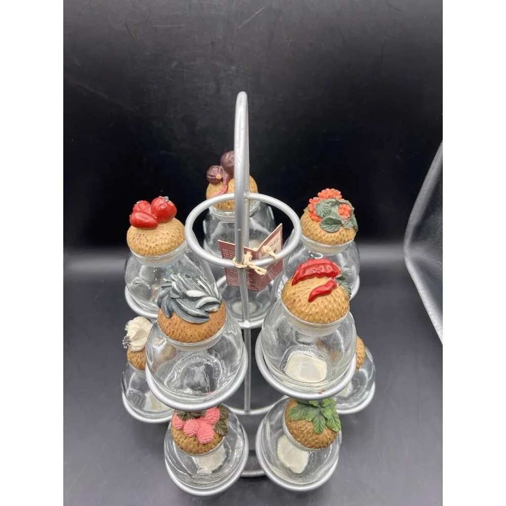 12 Collectible Vintage Shonfeld's Glass Spice Jars with Resin Cork Lids & Stand